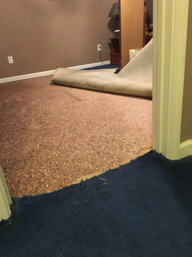 Carpet pad removal revealing water damage during Drying & Dehumidification in Clarkstown